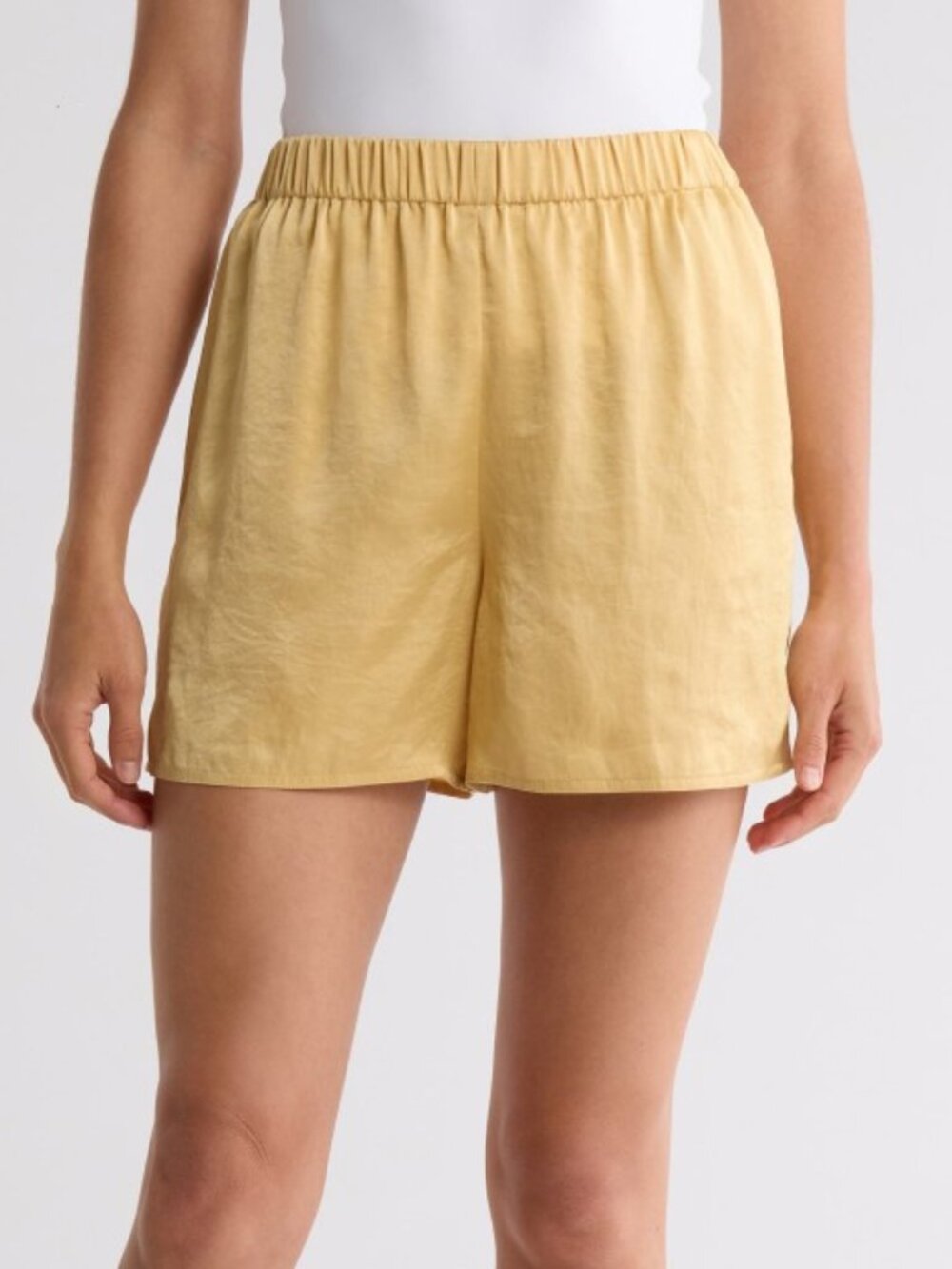 Theory Easy Pull-On Crushed Satin Shorts, Sun (Pale Gold)